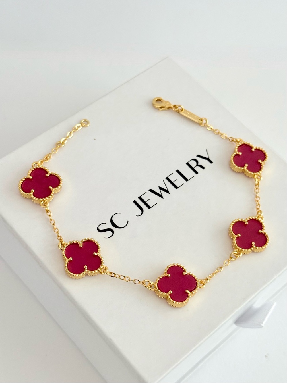Clover Bracelet Double Sided Cranberry Red Onyx Stone & Gold Jewelry